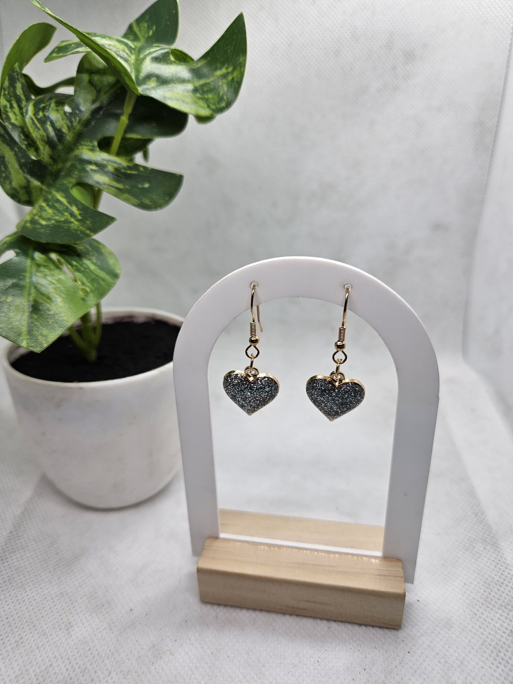 Gold Heart Drop Earrings with Silver Glitter Hearts - Elegant Dangle Style